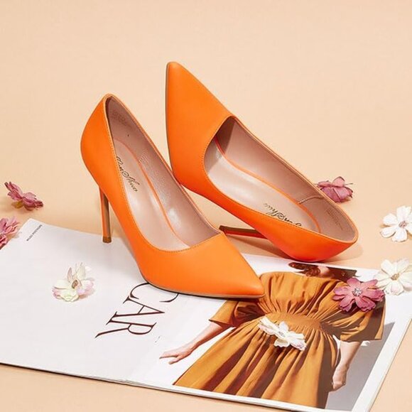 Women Orange Polyurethane Closed Pointed Toe Stiletto High Heel Shoes Pumps - Picture 4 of 9